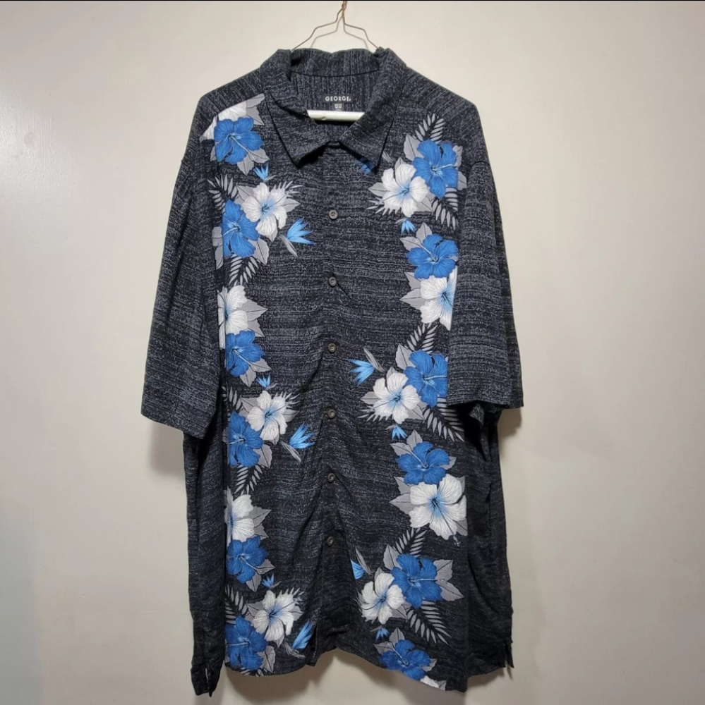 George Shirt Mens Size 2XL (50-52) Gray Blue Floral Bowling Style Rayon Hawaiian